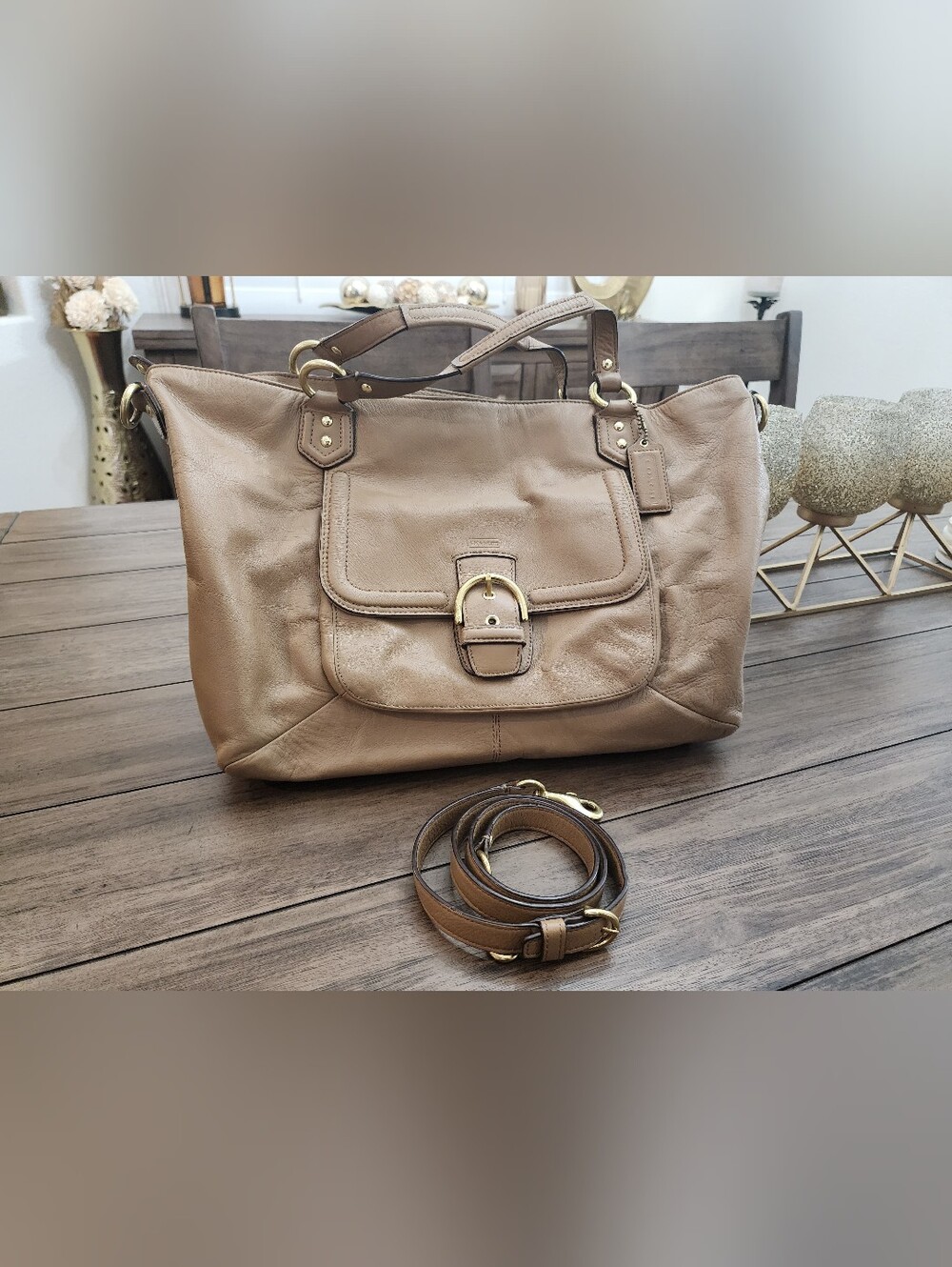 Coach Taupe Leather Tote Bag with Front Pocket and Strap For Crossbody
